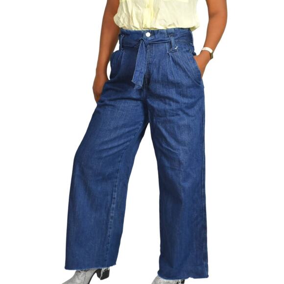 Zara Trouser Jeans Paperbag Waist Belted High Rise Pleated Wide Leg Flare Size 2 - Picture 15 of 15